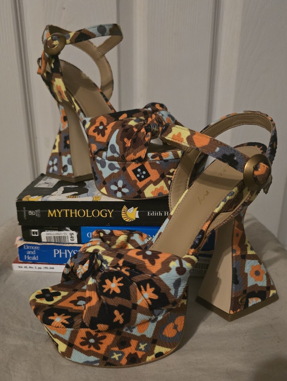 Platform Floral Print Ankle-Strap Heels in Orange and Brown